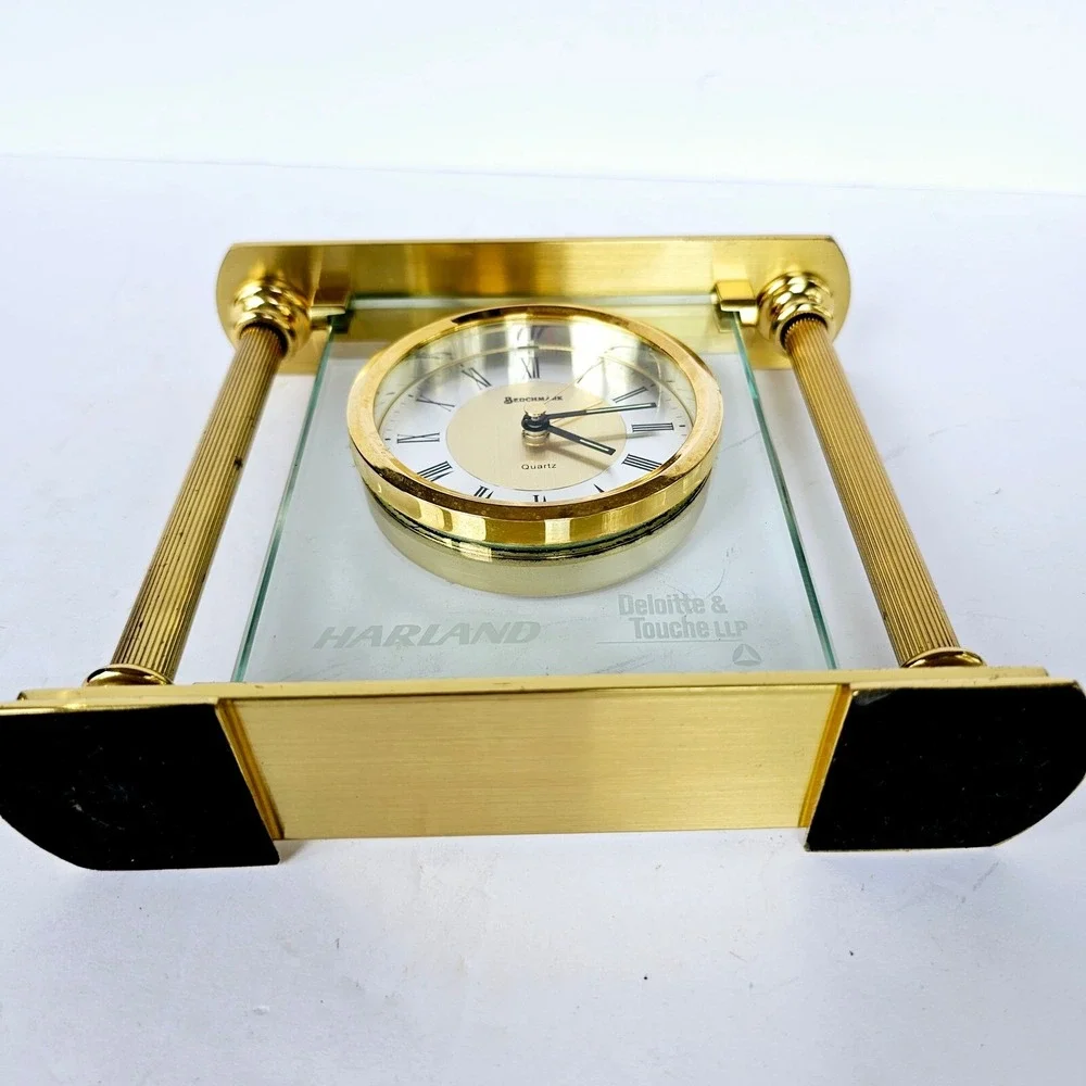 Vtg Deloitte Benchmark Brass & Glass Quartz Desk Mantle Alarm Clock M507.3